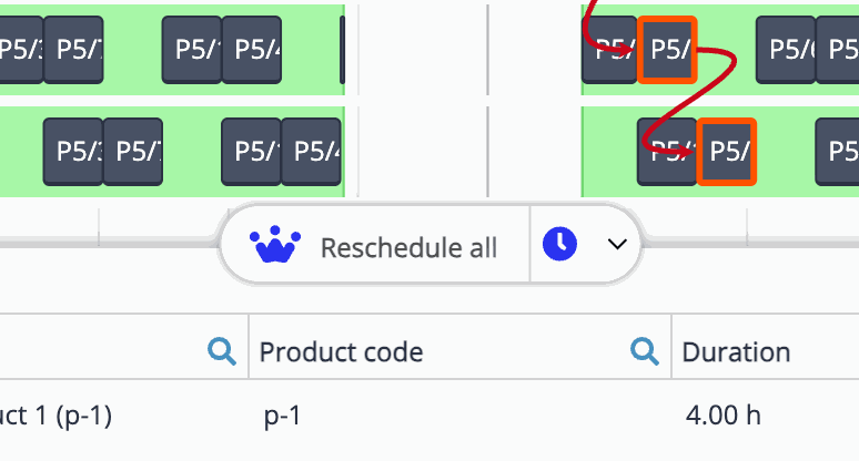 SkyPlanner Reschedule all: Arcturus moves a chain of jobs across workstations, shown with dependency arrows