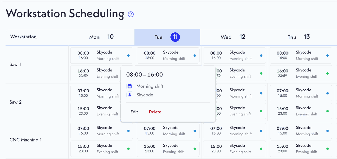 SkyPlanner Workstation Scheduling: morning and evening shifts per workstation across weekdays