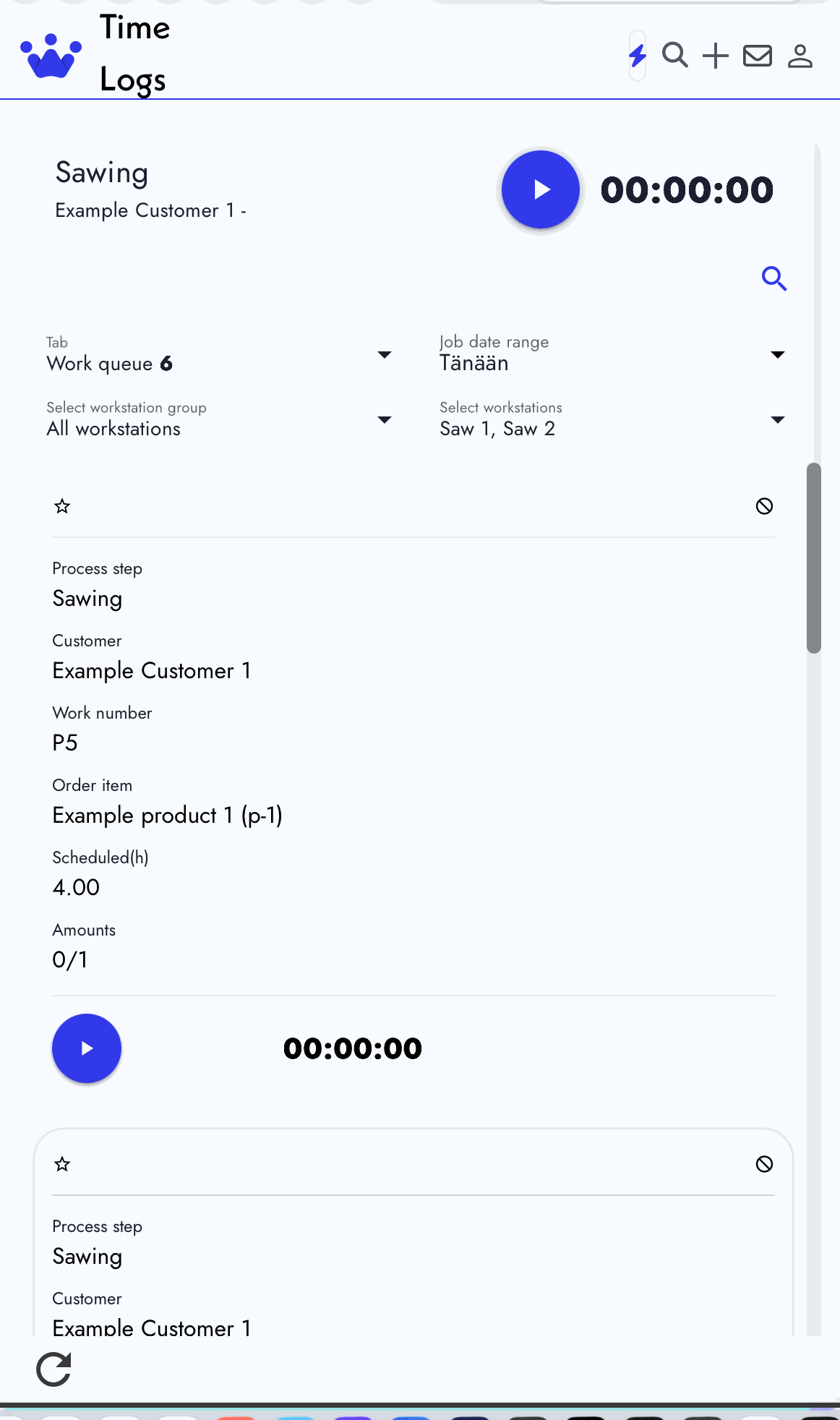 SkyPlanner Time Logs on a phone: a work queue with a large start-timer button