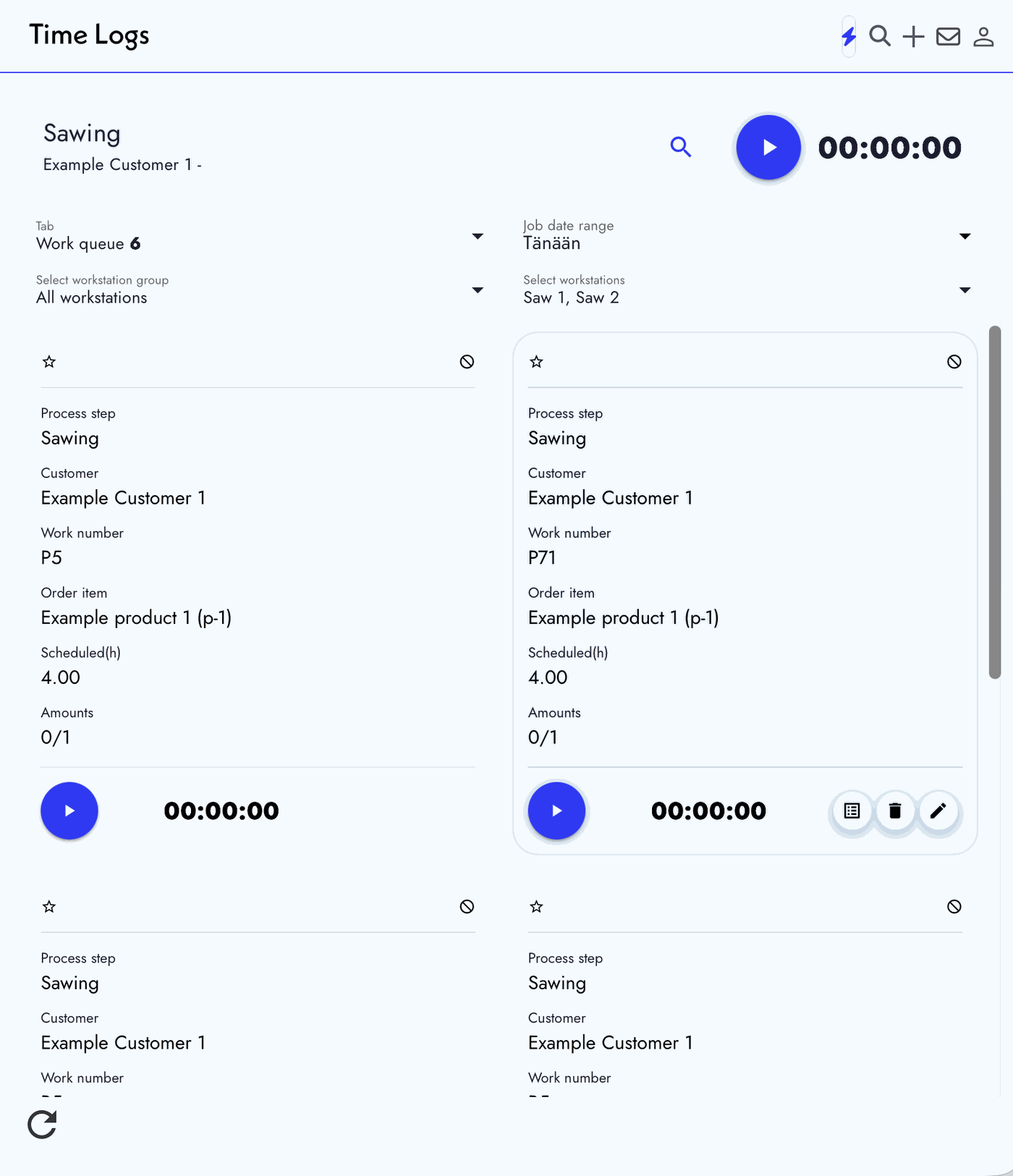 SkyPlanner Time Logs on a tablet: a grid of job cards with start-timer buttons