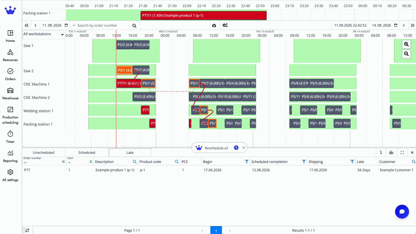 SkyPlanner APS - Production scheduling Gantt with a late job, AI reschedule chain and order details